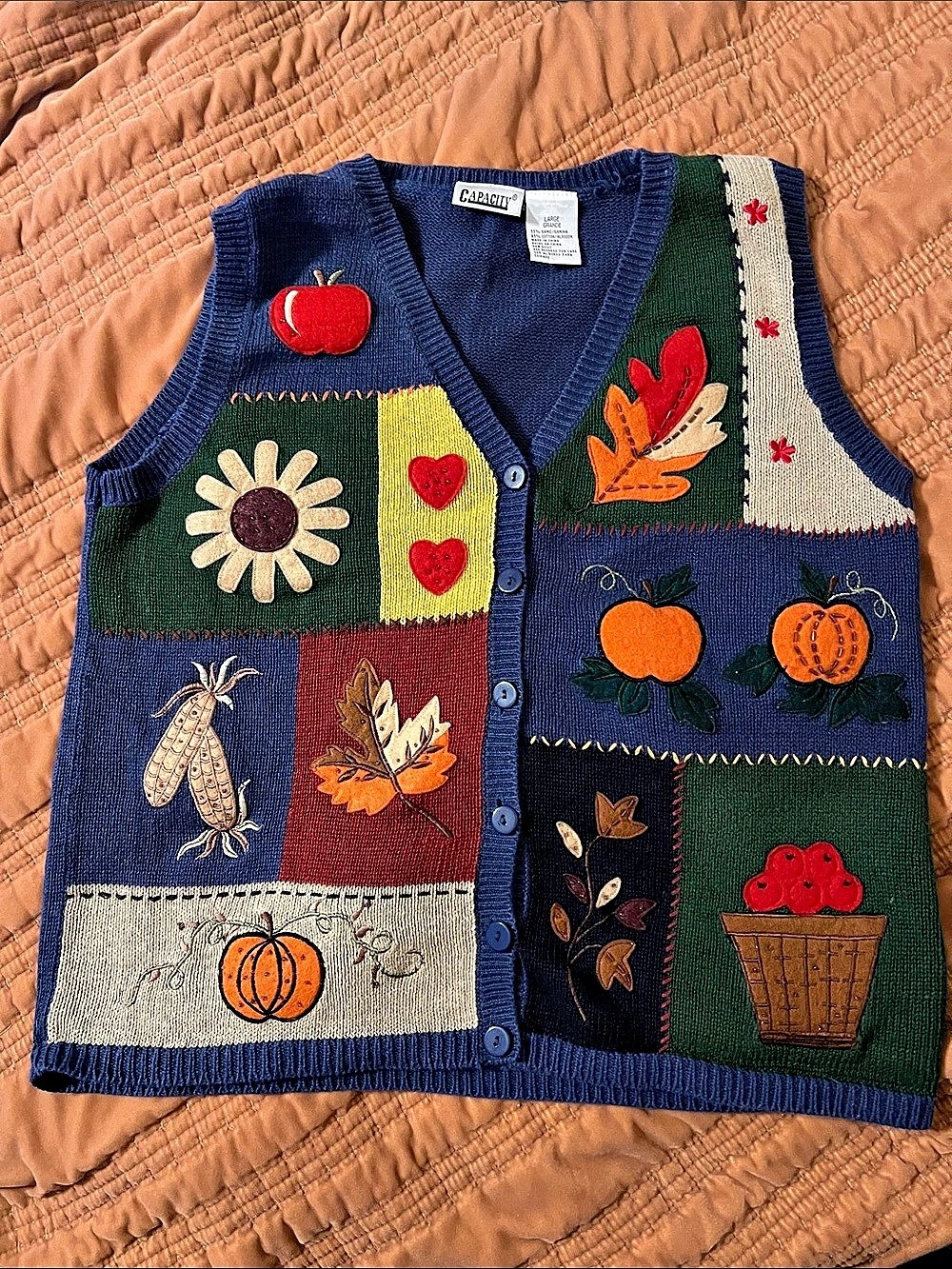 Capacity Patchwork V-Neck Vest Blue Size Large